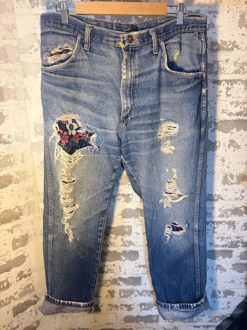 Upcycled Rustler VTG Distressed 100% cotton Denim Jeans w/ Floral inserts